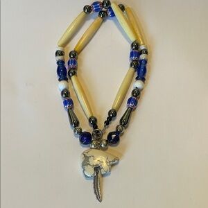 Fetish Howlite Bear, Silver, Hematite, Bone, glass and Shell beaded necklace.